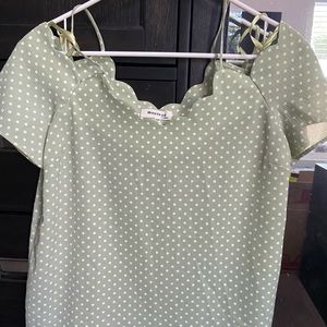 Green and white polka dot off the shoulder top